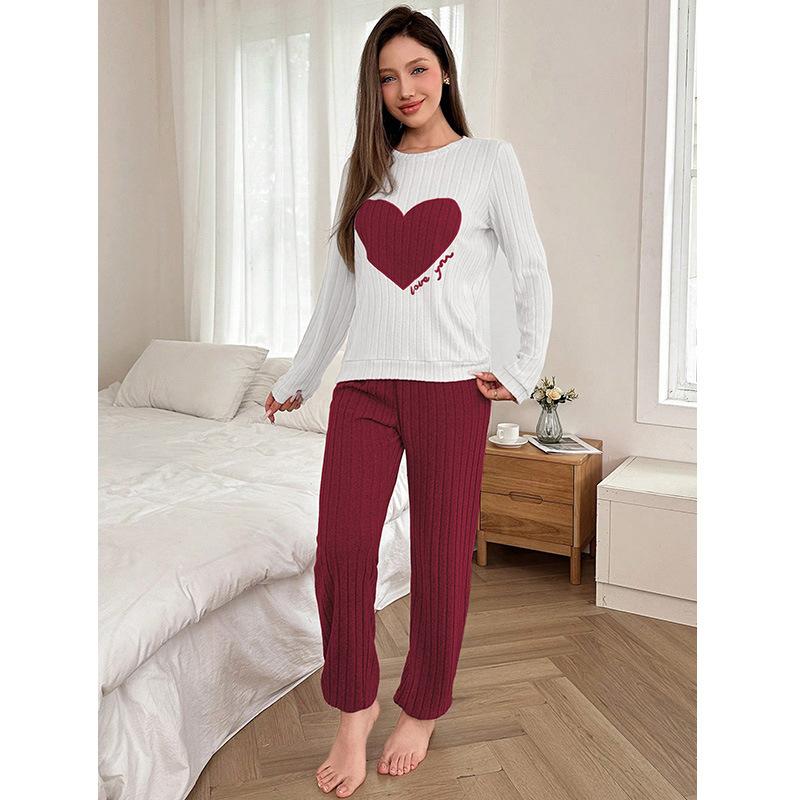 Spring Autumn Women Sleepwear Long Sleeve Heart Tops and Long Pants 2 Piece Set Pajamas Set Casual Homewear Loungewear