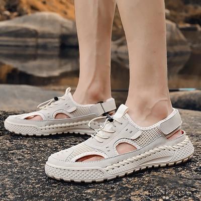 Sandals Men Tide 2024 Summer New Style Leather Toe Cap Outdoor Leisure Sports Hollow Sandals Beach Shoes Handmade Mesh Men Shoes