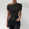 Women Summer T-shirt Skew Collar Short Sleeve Slim Fit Tee Shirt Solid Color Side Shirring Pullover Tops