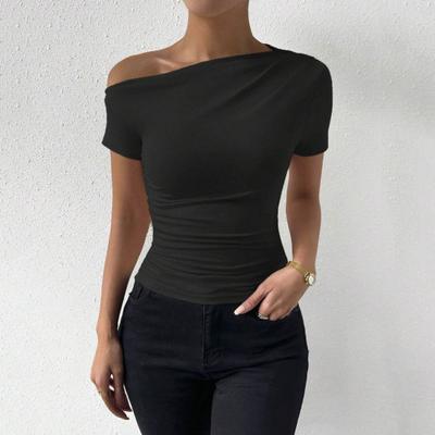 Women Summer T-shirt Skew Collar Short Sleeve Slim Fit Tee Shirt Solid Color Side Shirring Pullover Tops