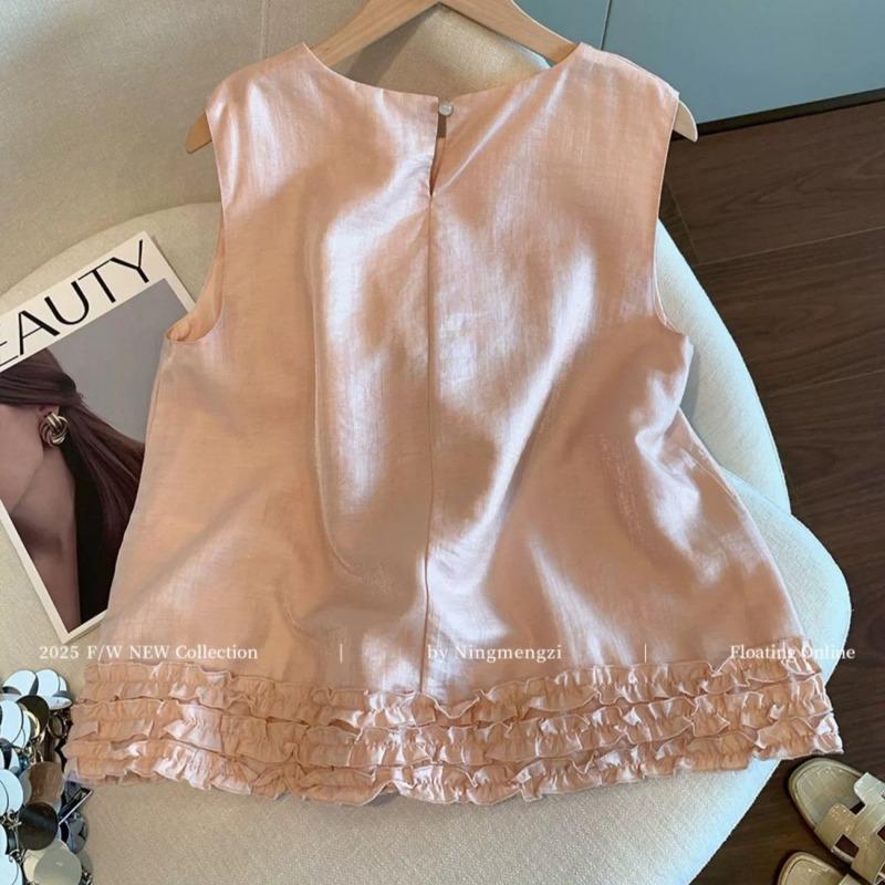 Summer New Style Pink Casual Simple Temperament Versatile Light Luxury Style Sleeveless Shirt Vest