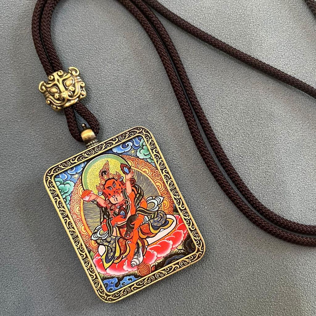 Thangka Pendant Necklace - Yellow & Black Guardian Buddha Amulet