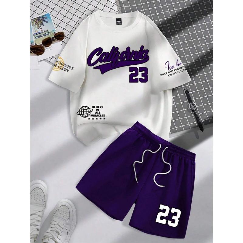 

2025 лето новый тренд мужской костюм круглый вырез короткий рукав комплект мода персонализированный буквенно-цифровой принт футболка с круглым вырезом и шорты 3XL