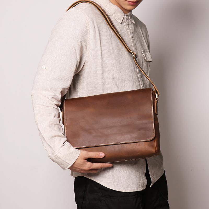 New Retro Handmade Men's Shoulder Bag, Cowhide Crossbody Bag, Casual Crazy Horse Leather Men's Bag, Genuine Leather Mailman Bag