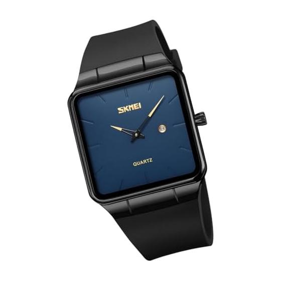 Men's Square Silent TPU Leather Strap Black Simple Thin Stylish Arm Watch Men's Waterproof Business Casual Men's Gift Black Blue Waches for Men