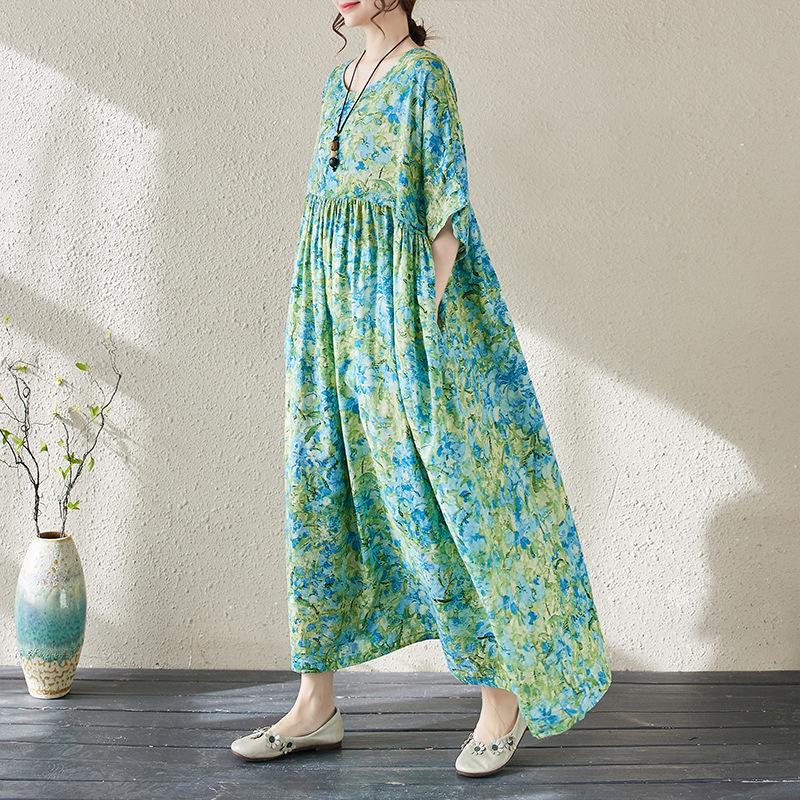 

Реальное фото 2 летнее новое литературное большого размера свободное платье с принтом, женское длинное платье с круглым вырезом и коротким рукавом Large size average size