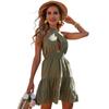 Sommer Damen Neckholder Einfarbig Hohe Taille Baumwolle Leinen Plissee Ausschnitt Grün Kurzes Kleid S-XL