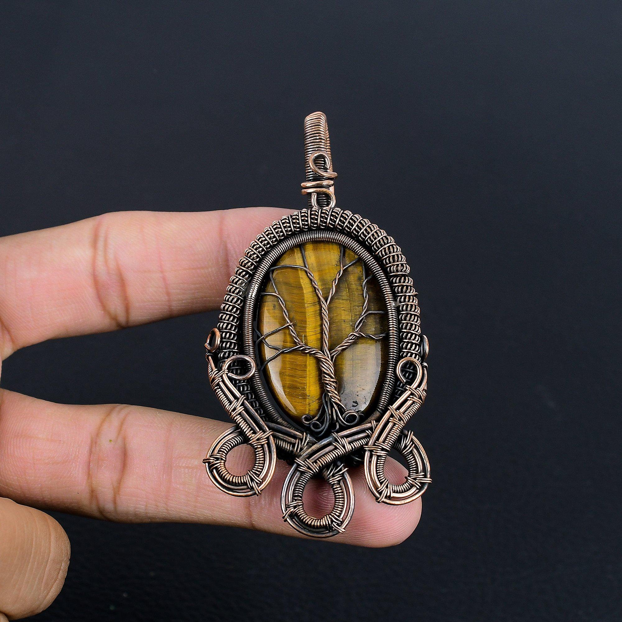 

Tree Of Life Tiger s Eye 999 Copper Wire Wrapped Pendant, Handmade Gemstone Pendant , Gift For Mom Antique Jewelry 2.28 Inches