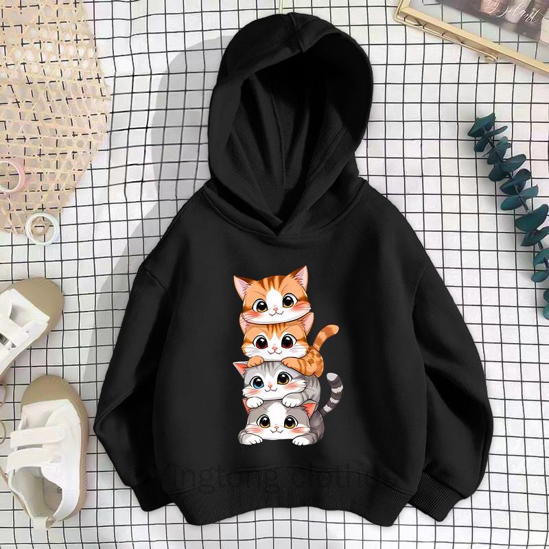 New Unisex Hoodie with Cat Print Long Sleeved Korean Version Children's Top and Stylish Pullover for Children's Clothing