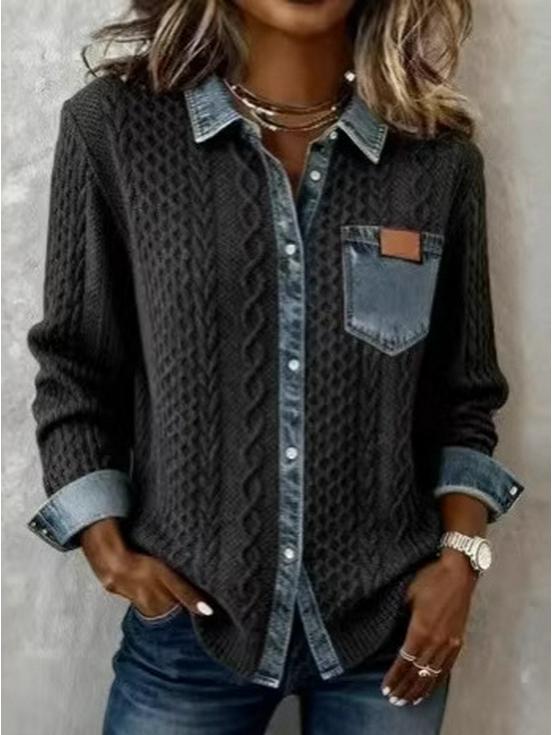 

2026 European & American Style Women s Knitted Patchwork Denim Shirt - Autumn/Winter Long Sleeve Cardigan Outerwear M темно-сірий