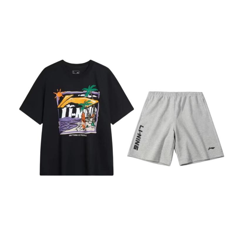 

Li-Ning Hand-Painted Pattern Printed Round Neck Short Sleeve T-Shirt Embroidered Logo Letter Five-Point Shorts Casual Sports Set AHSU713-1+AKSU747-2