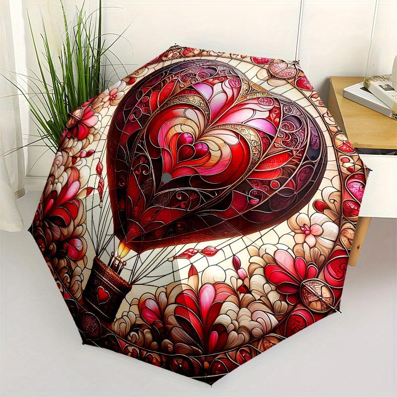 Heart-Shaped Hot Air Balloon Stained Wall ArtUmbrella, Portable 3-Fold Compact Umbrella,Christmas Gift ES631