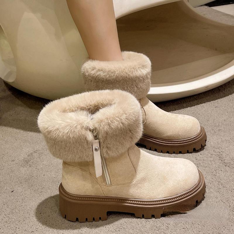 Bottes de neige à bouche poilue pour femmes, tube court, semelle épaisse, bout rond, fermeture éclair latérale et chaussures en coton chaud en peluche