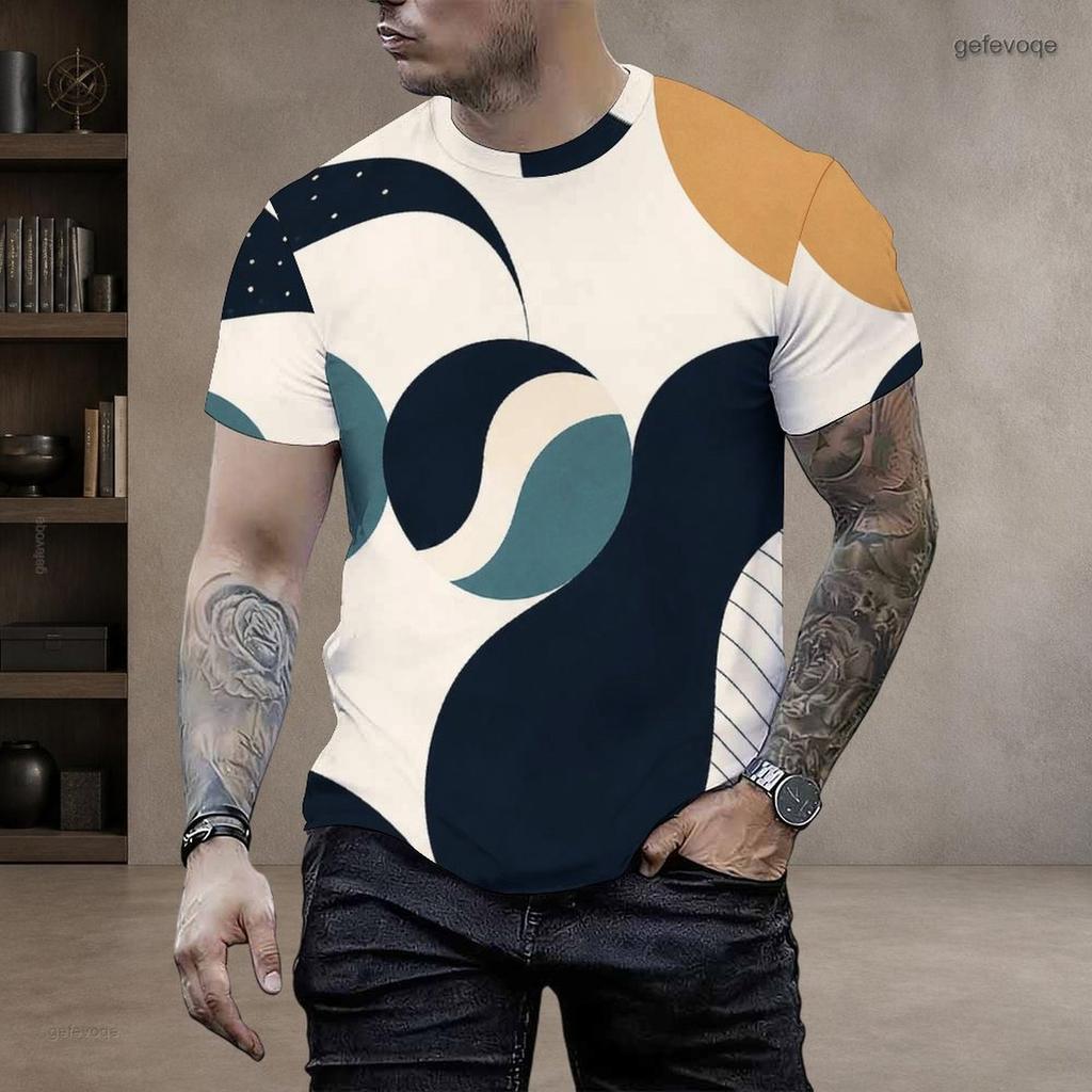 Mens Plus Size T Shirt Round Neck Short Sleeve Abstract Geometric Printed Black White Gray Pullover Straight Hem