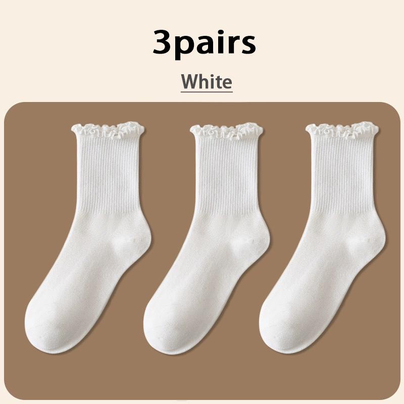 Ruffle Socks for Women 3pair /Lot Mid Crew Middles Tube Ankle High Breathable Black White Calcetines Female Spring Autumn Sock