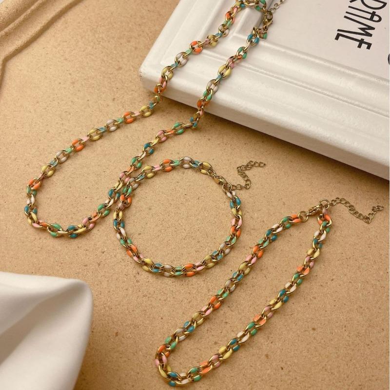 Gold Plated Stainless Steel Multicolor Enamel Pig Nose Chain Jewelry Set