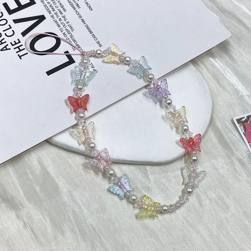 Y2K Candy Colors Cellphone Keychain Butterfly Beaded Butterfly Mobile Phone Chain  Pendant