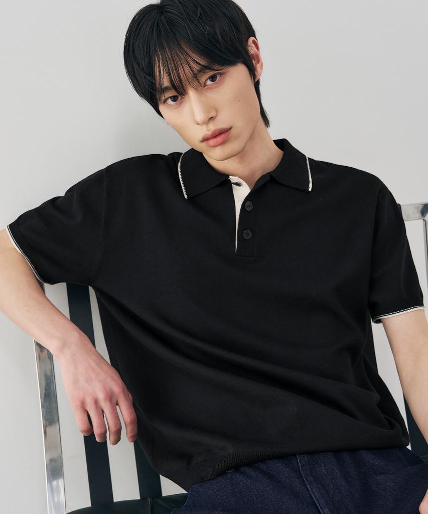 DRAW FIT Contrast Half Collar Knit [Black]