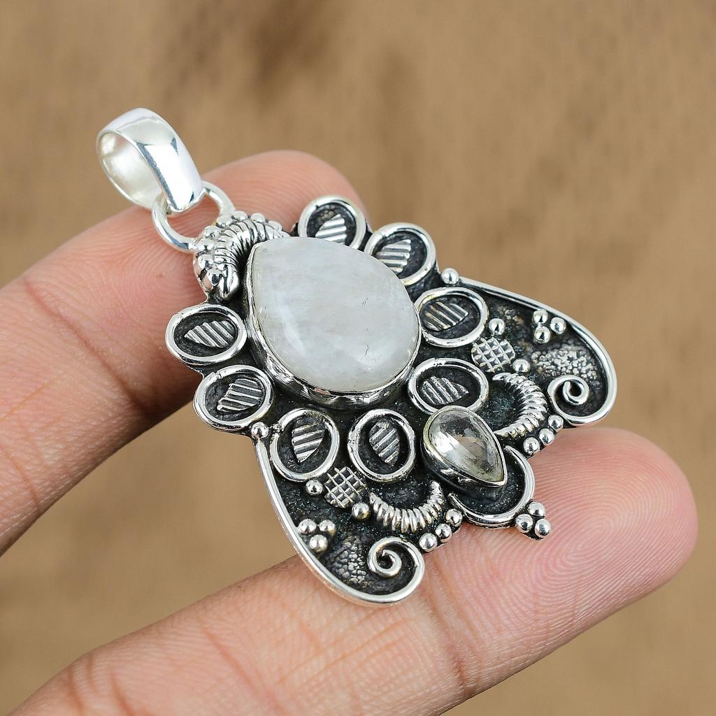 Gift For Her 925 Sterling Silver Natural Rainbow Moonstone Gemstone Pendant