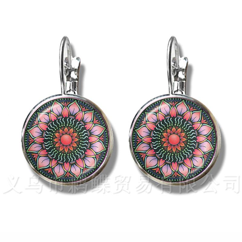 Classic Indian Henna Yoga Earrings Om Symbol Buddhism Zen Colorful Mandala Flower Silver Plated Stud Earrings For Women