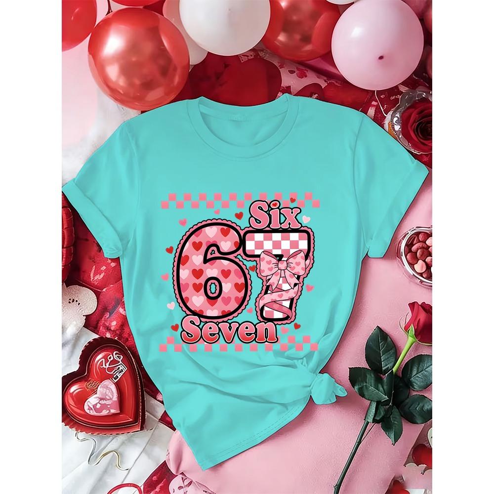 Vintage Grid Number 67 Sweet Coquette Bow Valentine's Day T-shirt Women Men Funny Six Seven Trend Y2K Tees Tops Gift