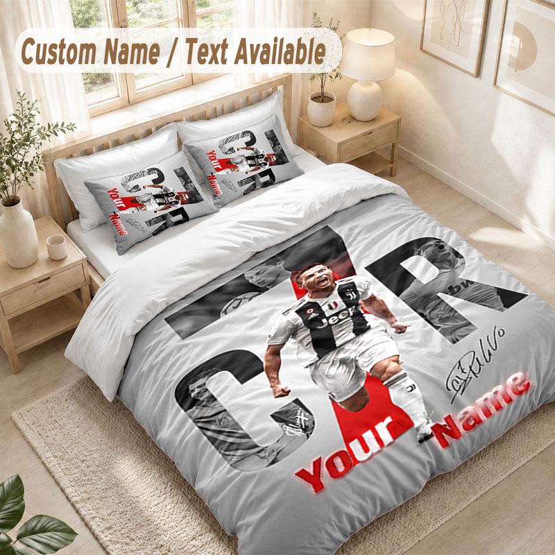 Custom Name Bedding Set 3 PiecesCristiano Ronaldo Print Duvet Cover + 2 Pillowcases Soft Bed Decor