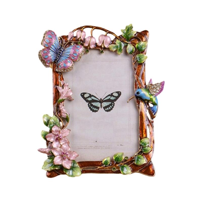 Elegant Emaille Bloemen Vogel Metalen Fotolijst Met Strass Accent Antiek Fotolijstje Voor Tafelblad Planken Decoraties