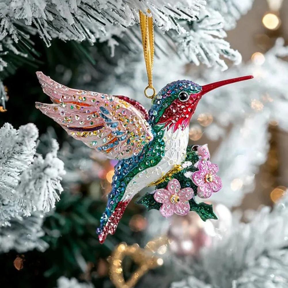 2D Acrylic Hummingbird Christmas Ornaments Glitter Rhinestones Floral Hummingbird Ornaments Tree 2D Acrylic Keepsake Gifts