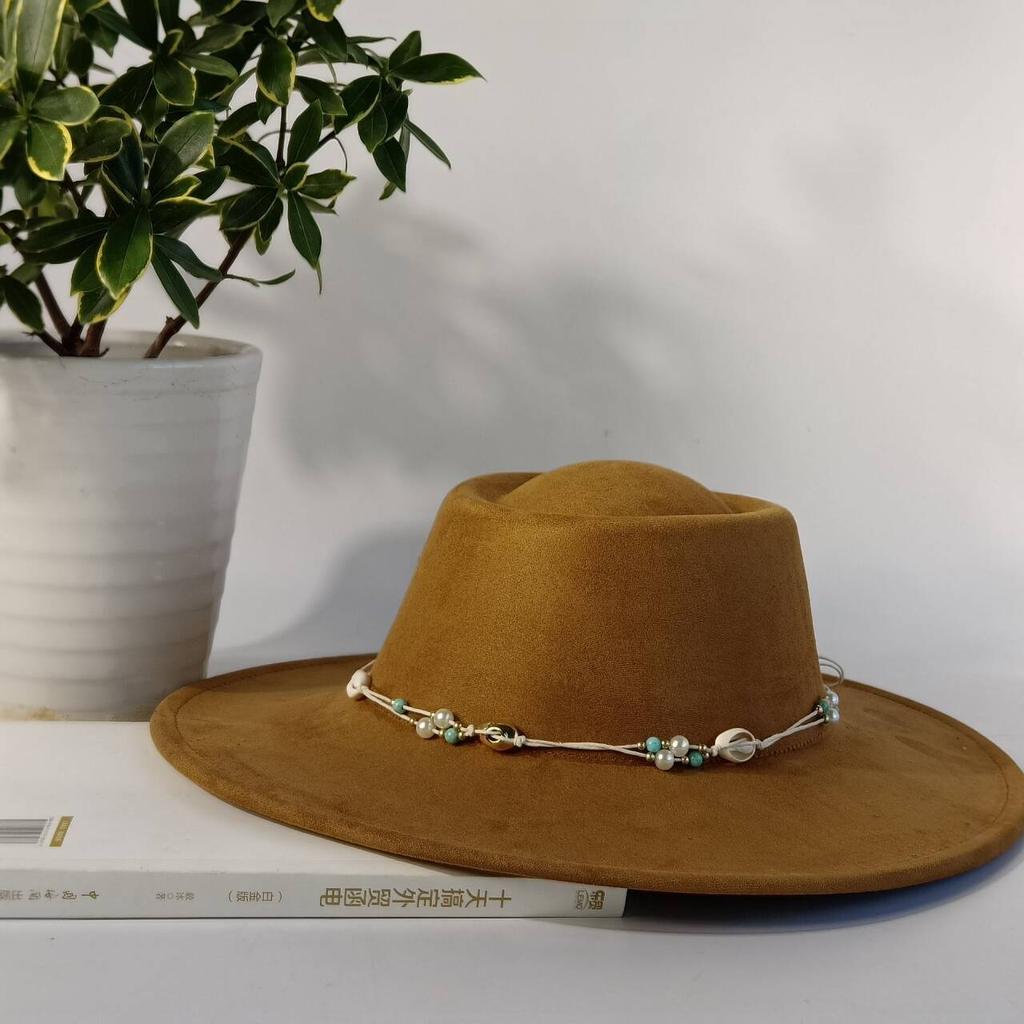 Women's Suede Wide-brimmed Fedora Hat, Western Cowboy Style, Paired with a Shell-decorated Jazz Hat, Equestrian Party Hat.