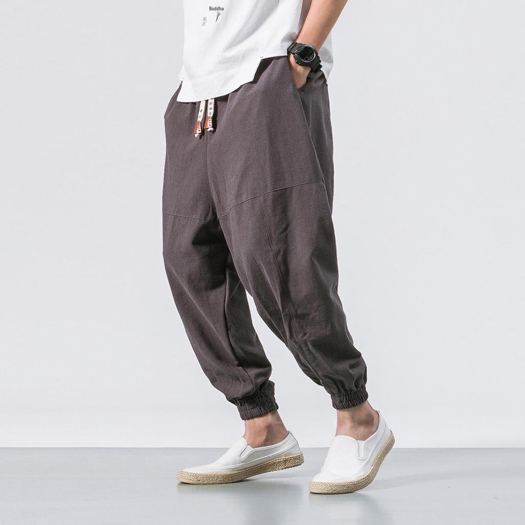2022 Men's Loose Linen Ankle-Length Drawstring Trousers - Youthful Spring/Summer Style, Plus Size, Solid Color.