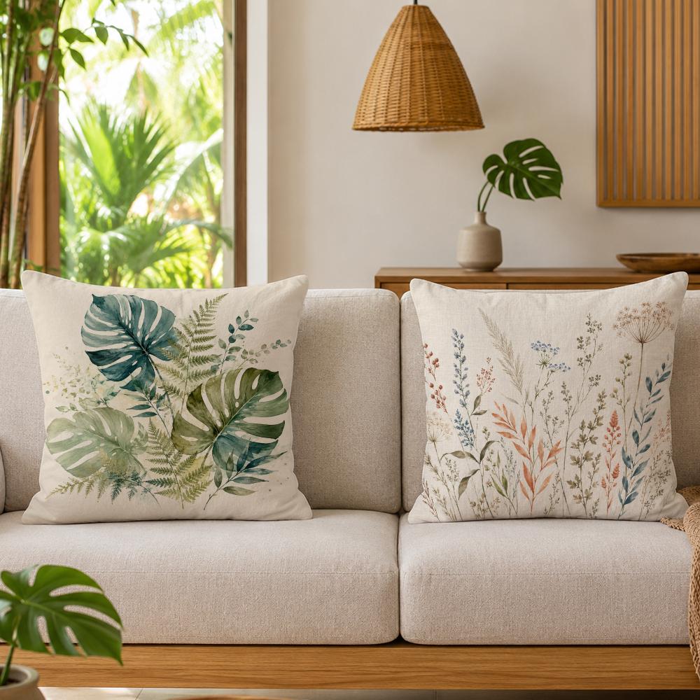 Watercolor Neutral Botanical Leaves Cushion Cover Natural Linen Throw Pillow Cover Wrinkle-Resistant Soft Machine Washable
