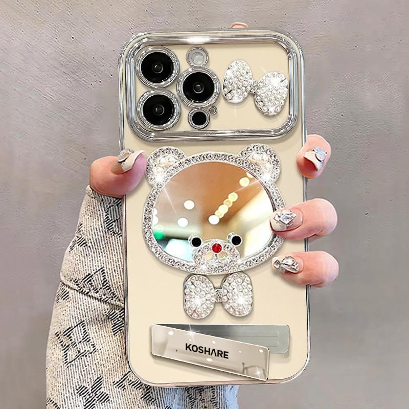 

Зеркальце для макияжа «Маленький медвежонок» на цепочке подходит для чехлов для телефонов Apple 16pro с подставкой 15, Гальванизированное большое окно 14, Бант X iPhone XS Max