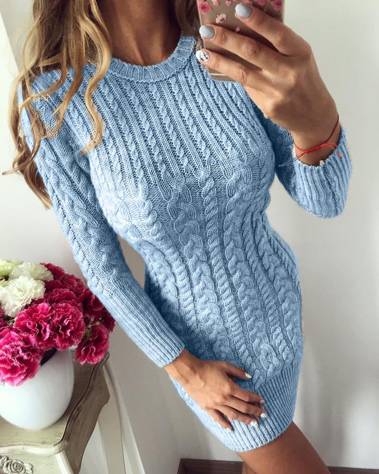 2025 Fashionable Knitted Sweater Dress with Round Neck and Long Sleeves