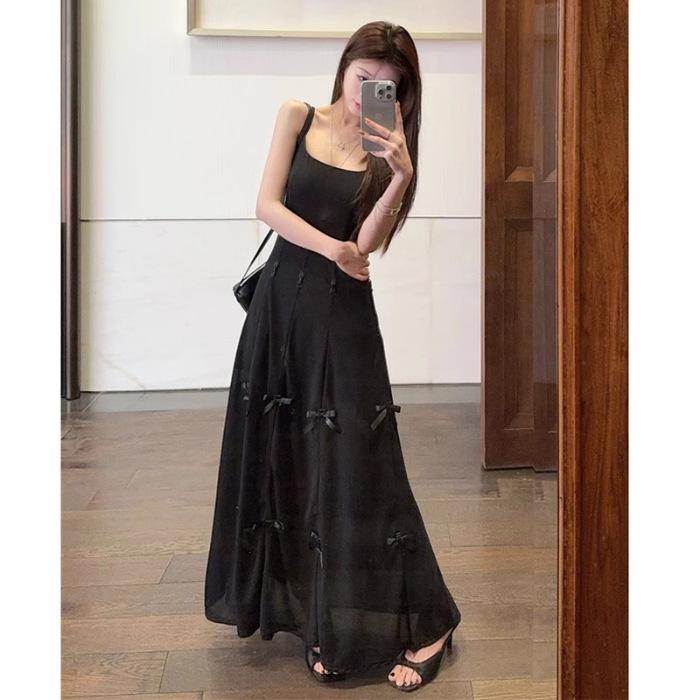 French sweet girl style bow suspender dress for women's summer design sense, wear more A-shaped skirts, blue short skirts