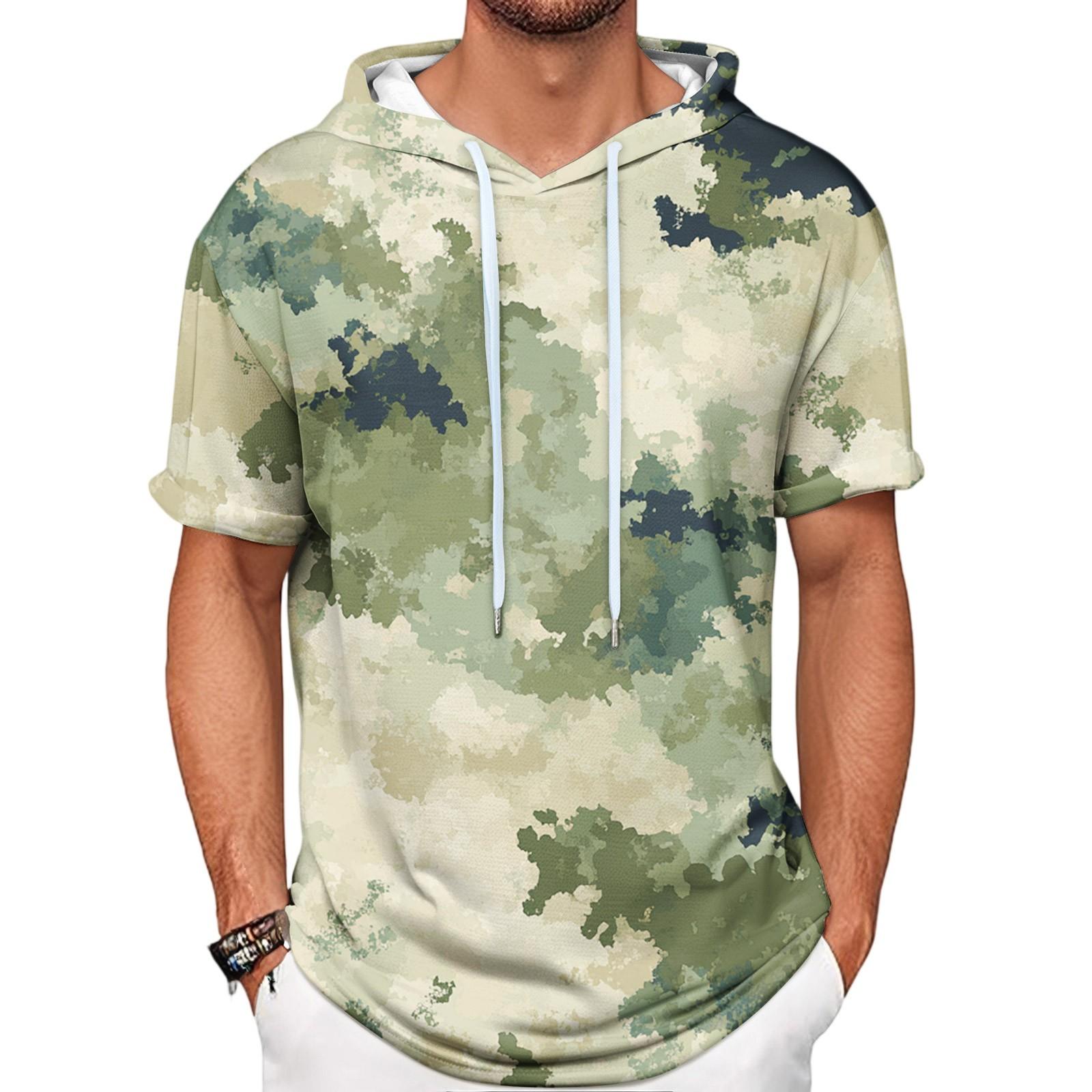 

Gradient Print Men s Shirt Hooded Short-sleeved Hooded Spring And Summer Casual Daily Wear XL