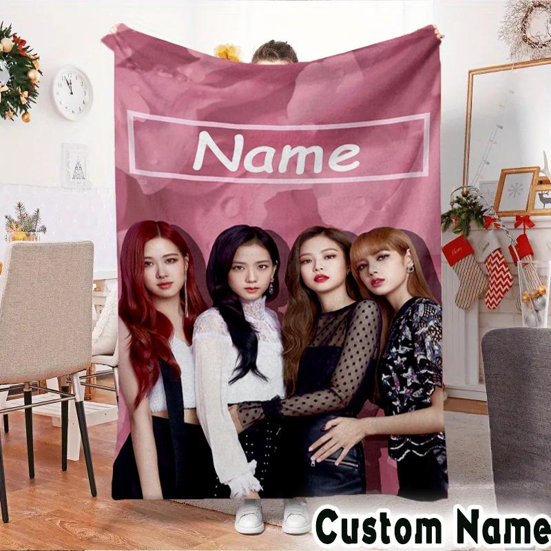 Custom Name Kpop Pink Roses Friendship Throws Blanket Flannel Blankets for Couch Bed Gifts for Men Women Picnic blanket Christmas fan gifts