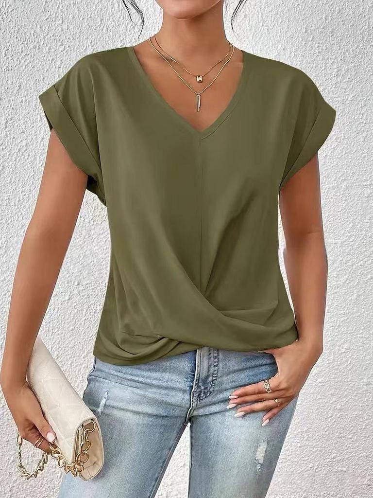Elegant Solid Color V-neck Short-sleeve T-shirt for Women - Spring/Summer Collection