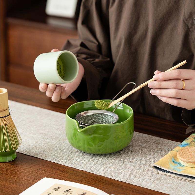 Matcha Tea Set 5 Pcs Matcha Whisk Set with Handcrafted Ru Ware Bowl Bamboo Whisk & Brush Ceremonial Japanese Matcha Tools