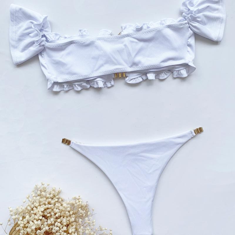 Costume da bagno da donna in pizzo tinta unita manica corta bikini sexy catena perizoma costumi da bagno brasiliani da spiaggia