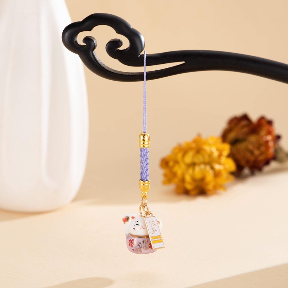 Metal Ceramic Lucky Cat Phone Charms Fortune Lucky Cat Pendant Fortune Cat Key Chain New Year Gift фиолетовый