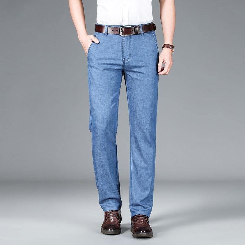 

New Summer Tennis Jeans Men s Middle-aged Business High-waist Pants Loose Ice Silk Pants 28