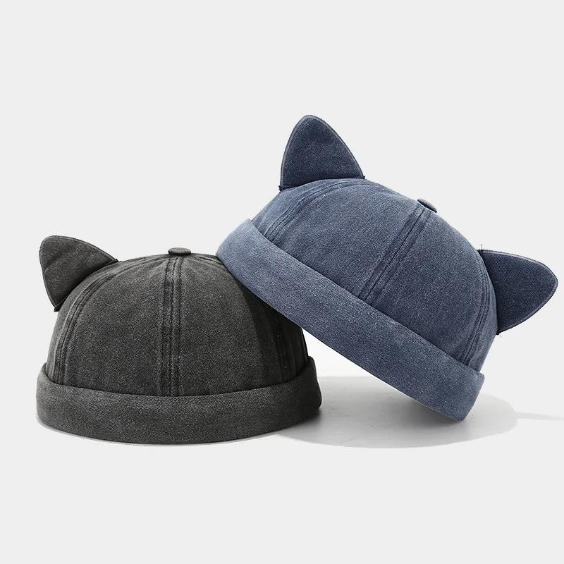 New Creative Cute Cat Ears Adjustable Melon Skin Hat Women Fashion Versatile Brimless Dome Landlord Cap Hip Hop Men Beanie Caps