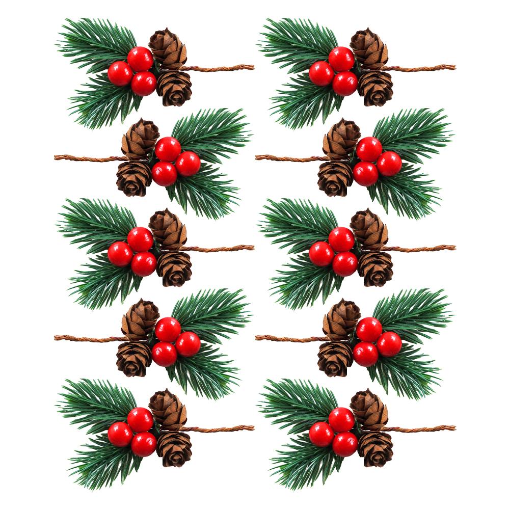 10pcs Artificial Pine Picks With Red Berries For Christmas - DIY Mini Ornaments Christmas Decoration Pine Cones