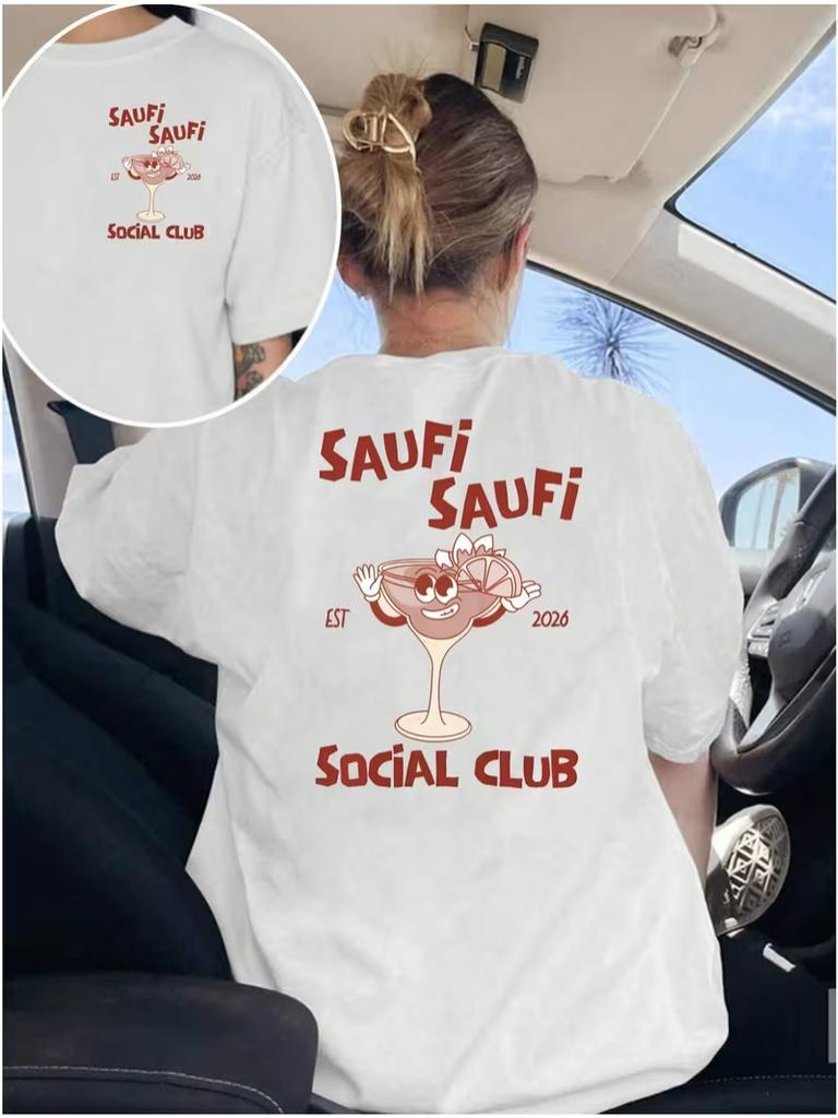 Saufi Social Club Print Tshirt Fun Cartoon Wine Glass Graphic Short Sleeve Round Neck Casual Tops Summer Party Essential Tee