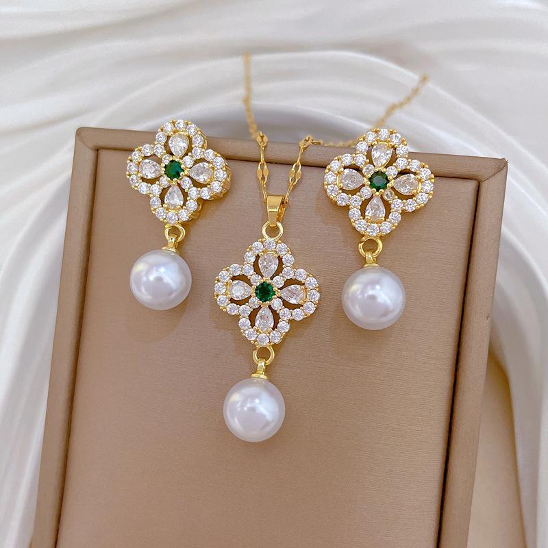 Full of Zirconium Exquisite Wind Copper Micro-inlaid Earrings Necklace Set Combination