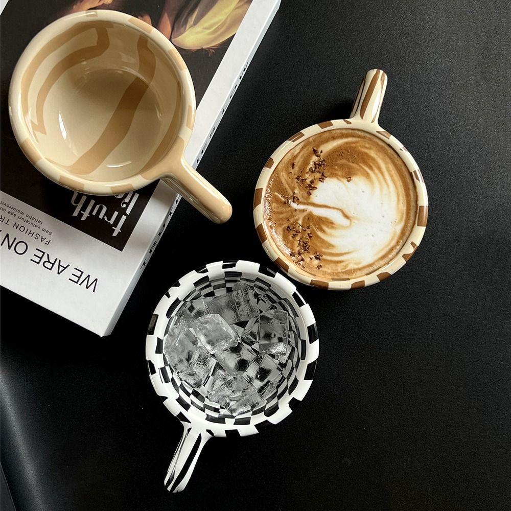 Plaid Irregular Chessboard Mugs Hand Pinched Breakfast Container Ceramic Coffee Cup  Home Decor