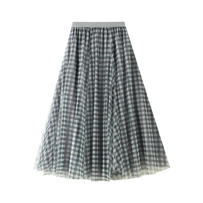 Women's Elegant Plaid Pattern Mesh Long Skirt Female High Waist Color Block Pleated Flowy A-Line Skirts Spring
