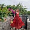 Beautiful, Beautiful, Fungus Edge, Red Suspender Cake Dress, French Halter, Good-looking Seaside Vacation Big Swing Dress