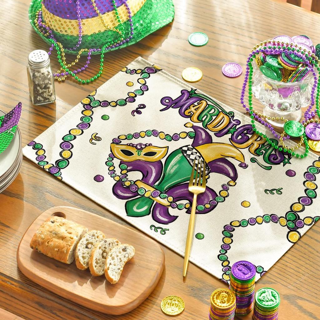 Iris Jewelry Carnival Mardi Gras Placemats Set of 4, 12x18 Inch Seasonal Festival Holiday Table Mats for Party Kitchen Dining Decoration