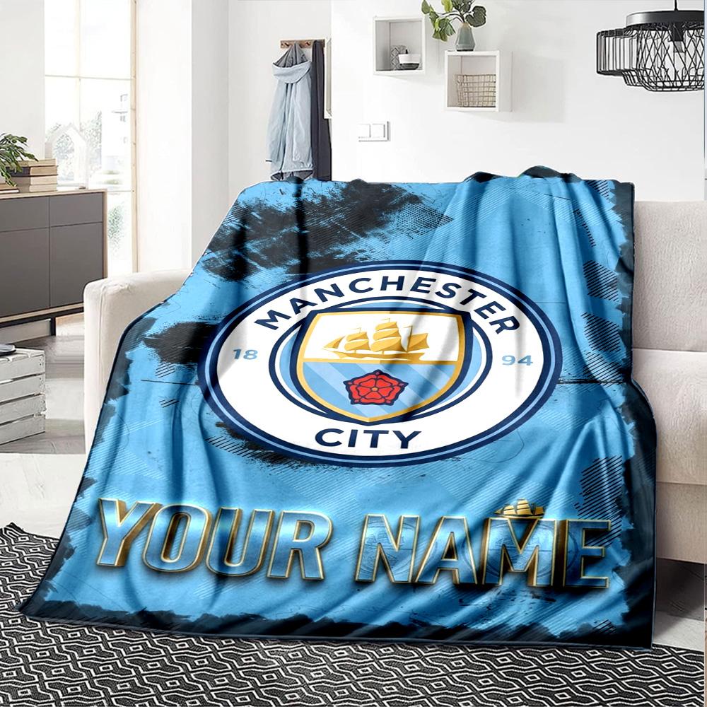 Name Custom Manchester City FC Logo Print Flannel Blanket High Quality Warm Comfortable Cover for All Seasons Perfect for Gifts Home Decor